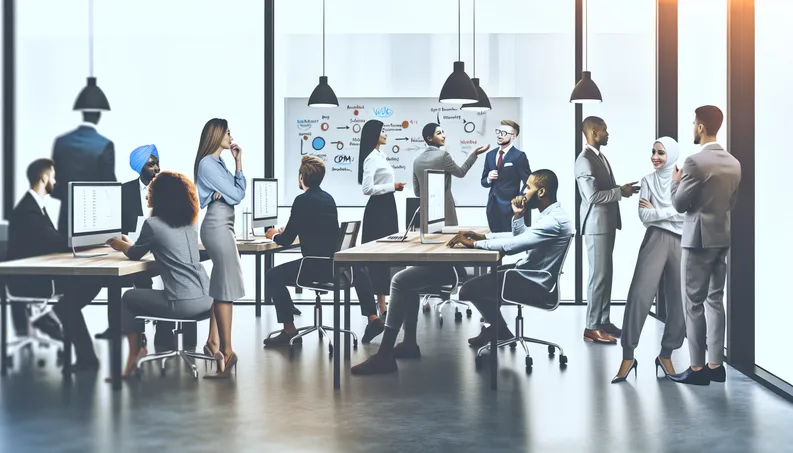 Book cover showcasing a diverse team in a modern office, emphasizing effective CRM and sales funnels.