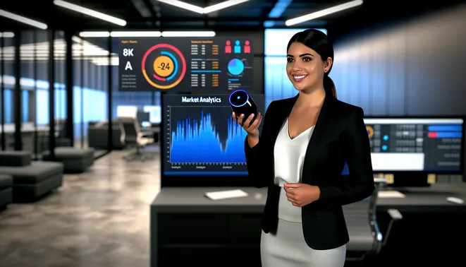 Real estate agent using AI voice assistant in a sleek Melbourne office with digital metrics