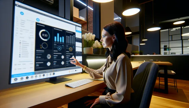 Real estate agent analyzing CRM automation metrics on a digital dashboard in modern Melbourne office.
