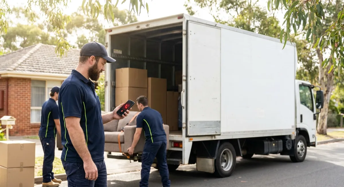Australian removal crew loading truck; mover checks smartphone missed call on suburban street