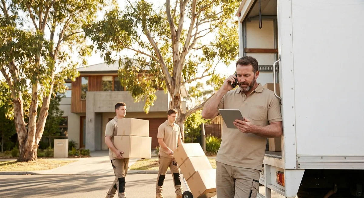 Removalists loading an unbranded moving truck on sunlit suburban Australian street, one using tablet