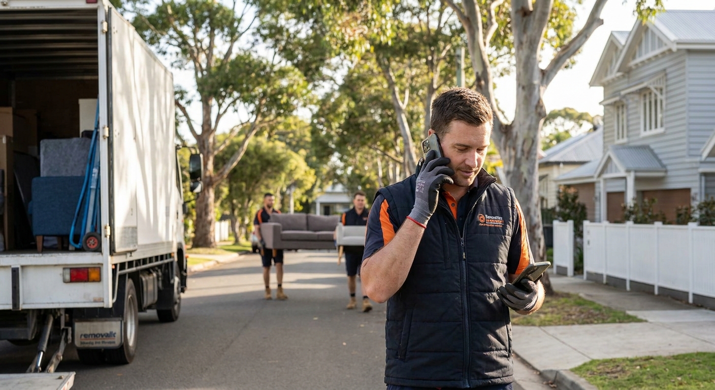 Australian removalists loading a moving truck on a suburban street, mover using smartphone