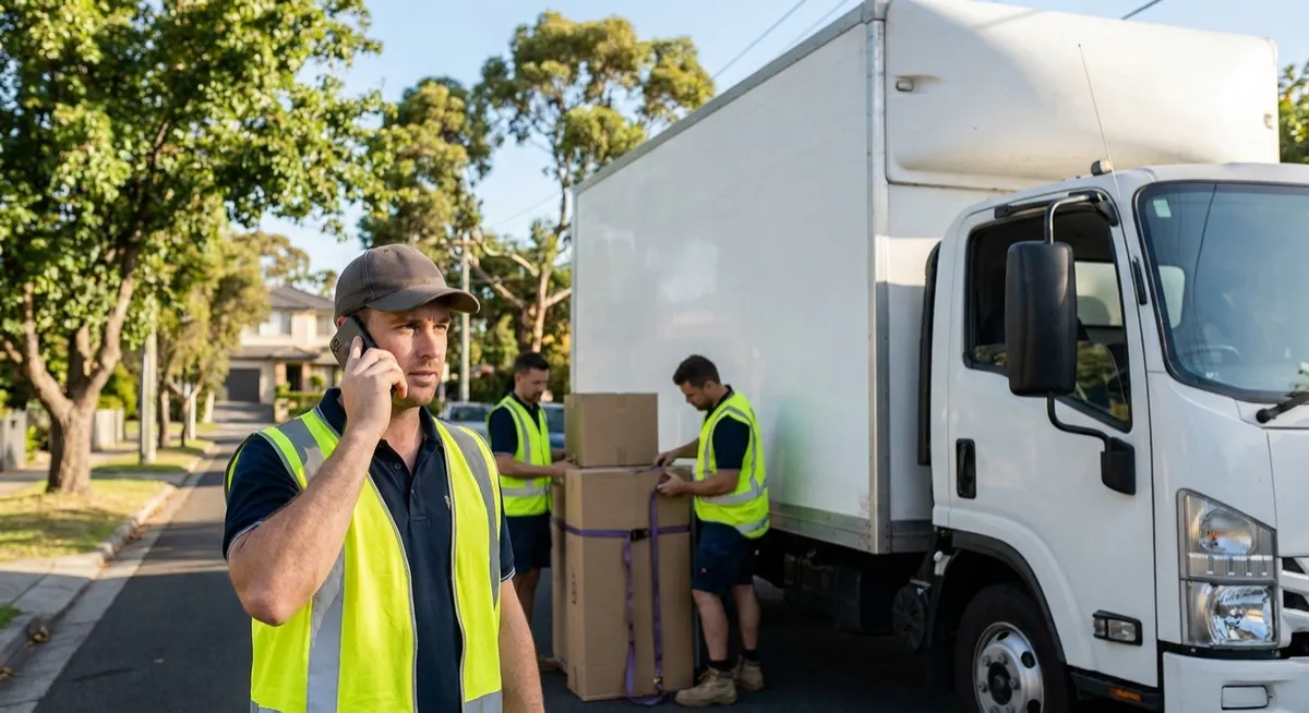 Removalists loading truck while a mover answers smartphone call — for property managers