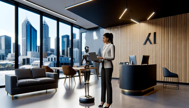 Businesswoman using AI communication tool in modern Melbourne real estate office