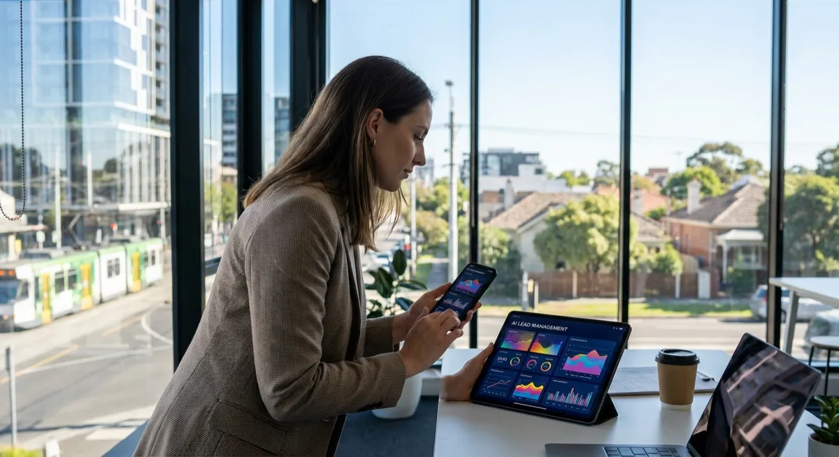 Australian property manager in bright office using tablet and smartphone with AI lead data