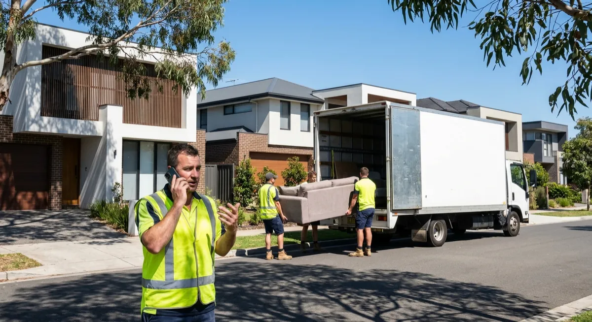Australian removalists loading moving truck on suburban street; mover answering smartphone call