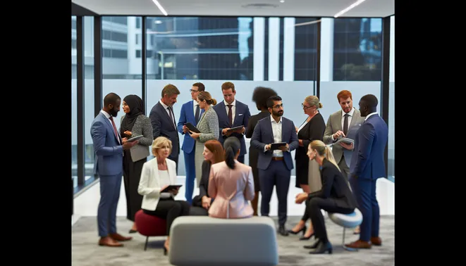 Sales team discussing CRM automation on tablets in a modern Melbourne office