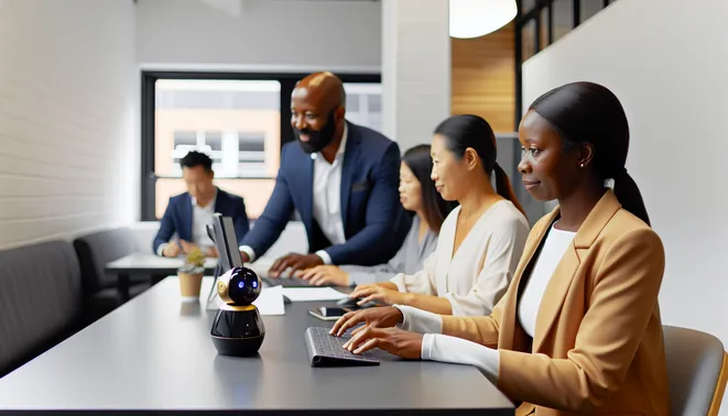 Diverse team collaborating with AI tools in a modern Melbourne real estate office.