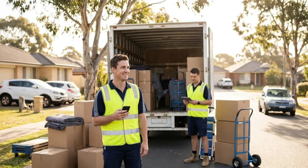 Australian removal crew loading truck on sunny street; mover on smartphone, colleague with tablet
