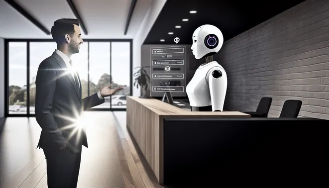 Real estate agent interacting with AI receptionist in a modern Melbourne office setting.
