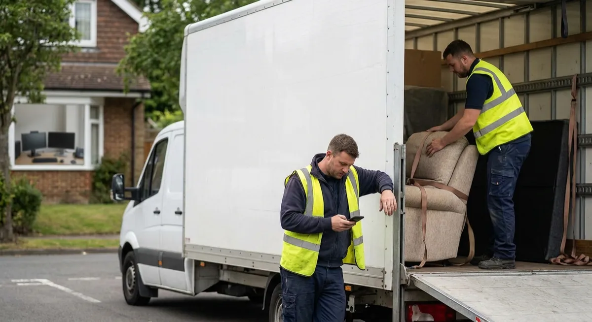 Removalists load truck; mover checks phone, missed-call costs for movers, property managers