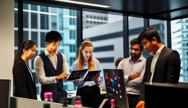 Diverse professionals collaborating on AI-driven automation tools in modern Melbourne office.