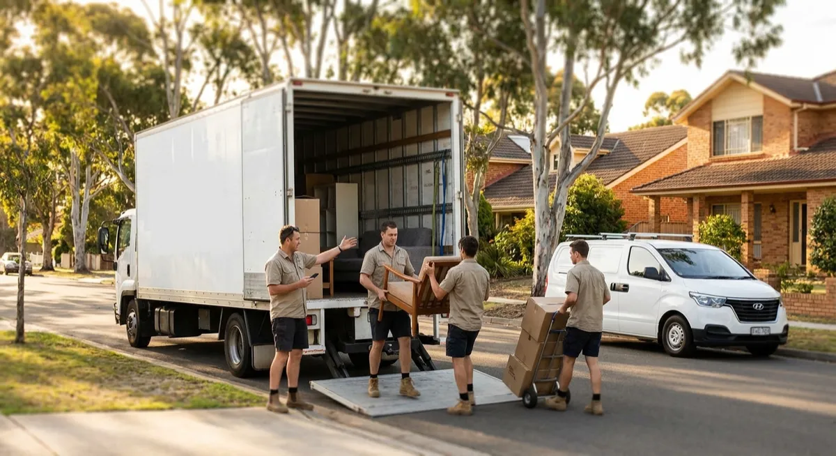Australian removalists loading moving truck, mover using smartphone, gum trees and brick homes