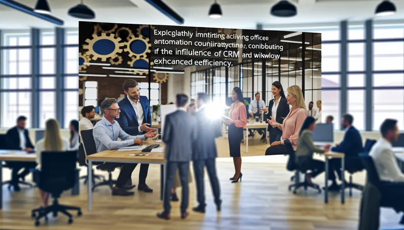 professionals collaborating in a modern office, showcasing CRM and workflow automation for efficiency