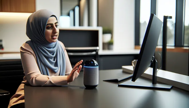 Real estate agent engaging with AI voice assistant in modern Melbourne office environment