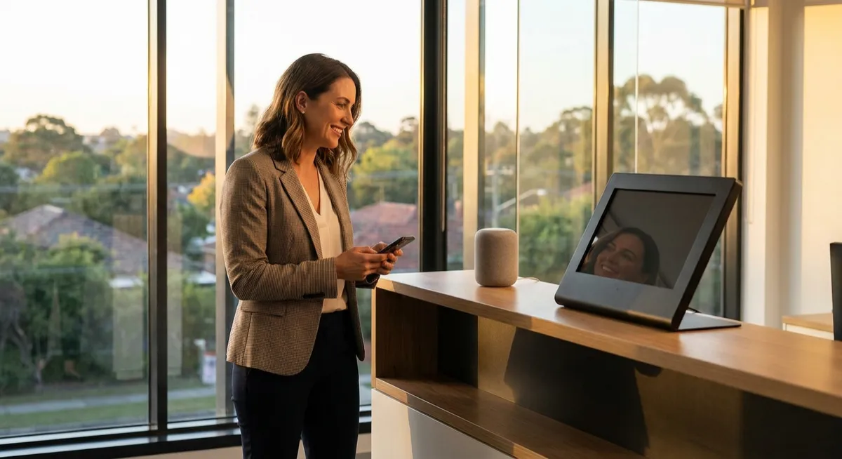 Real estate agent at reception holding smartphone beside AI receptionist smart speaker and kiosk