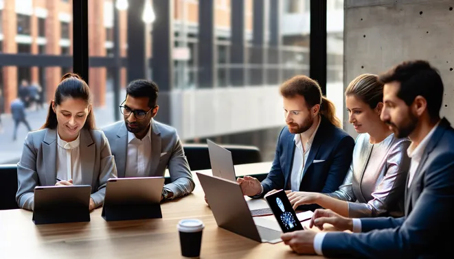 Business team in modern Melbourne office using AI for CRM automation on tablets and laptops.