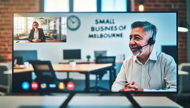 Small business owner in Melbourne using AI tools for a virtual meeting in a bright office.