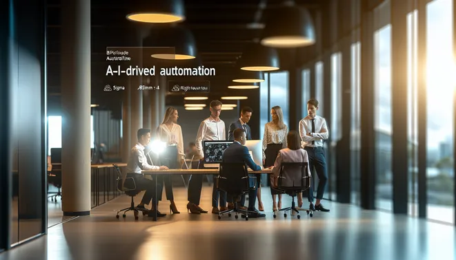 Business team collaborating on AI-driven automation tools in a modern Melbourne office.