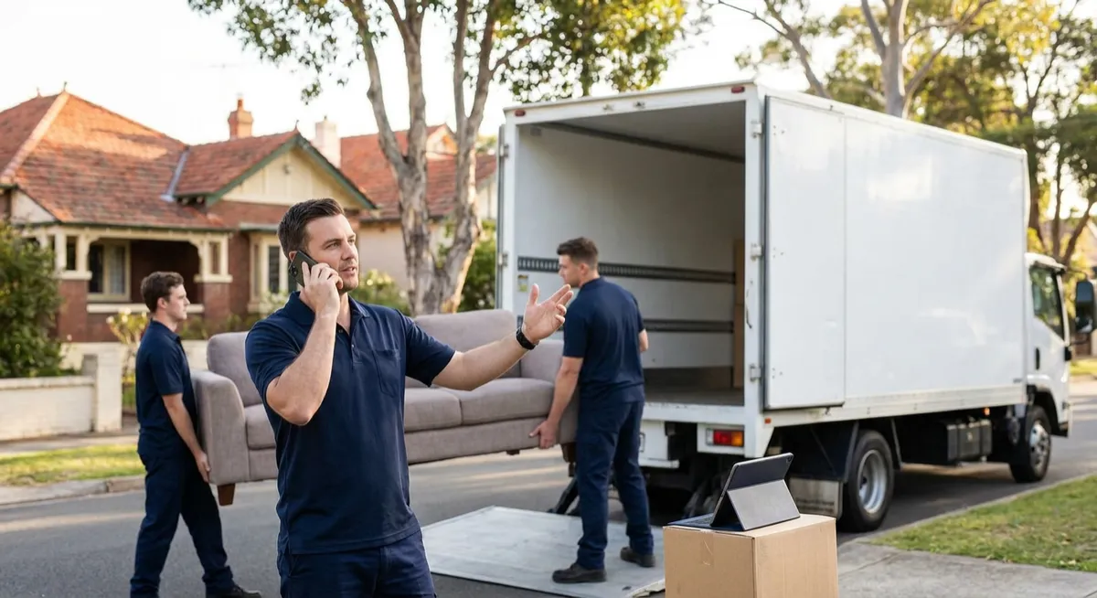 Australian removalists loading truck, mover calling on smartphone, crew with tablet