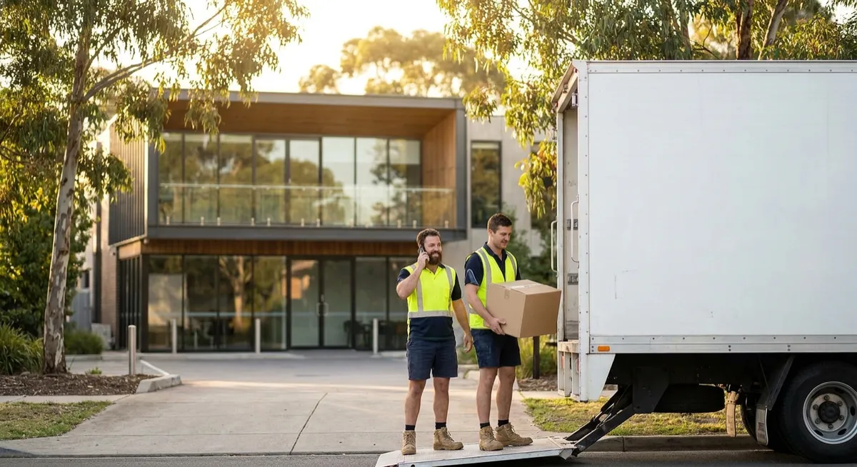 Australian removalists loading moving truck on quiet street, mover on phone, office visible