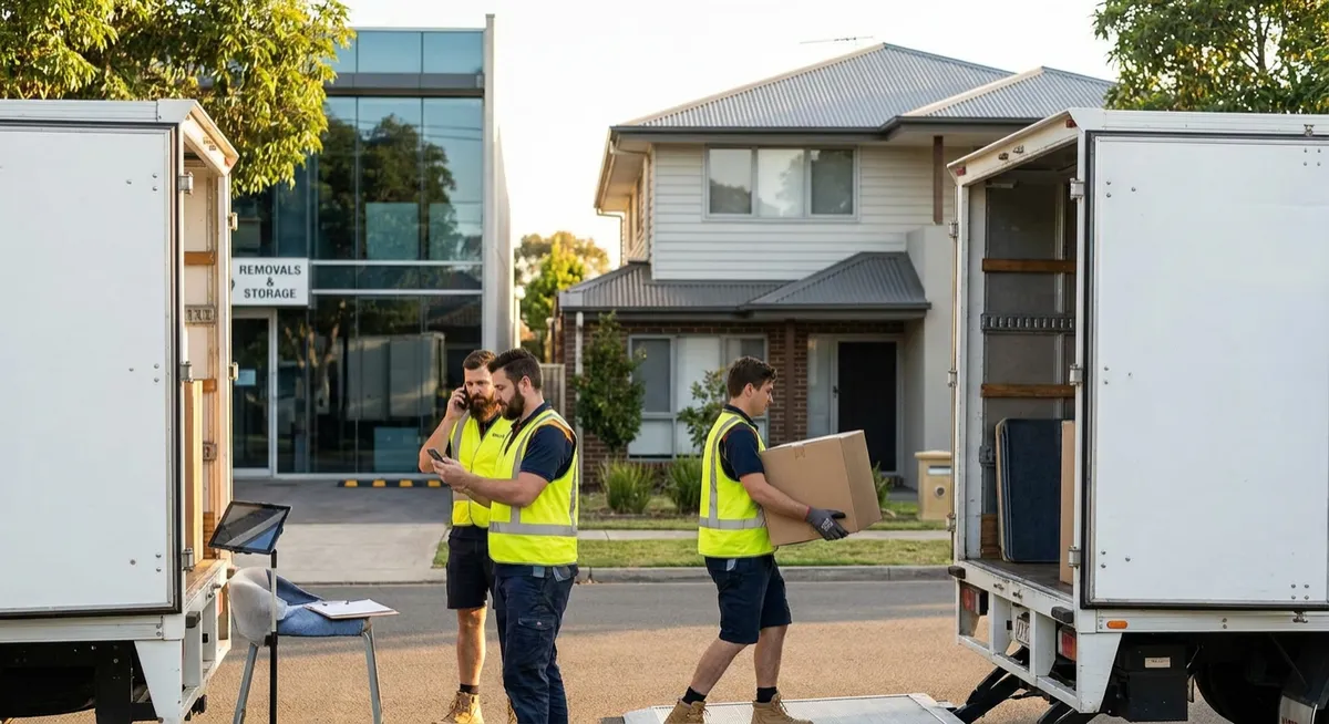 Australian suburban removal crew loading white truck; mover using smartphone, boxes, modern office