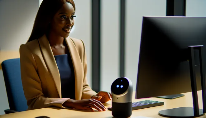 Real estate agent interacting with AI voice assistant in modern Melbourne office