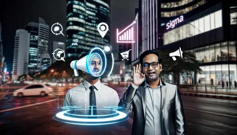 Modern book cover featuring a small business owner and AI voice agent, with marketing icons and urban backdrop.