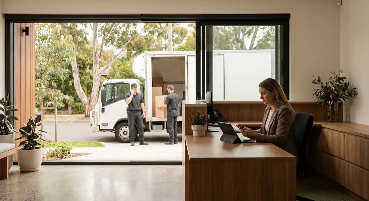 Australian reception: real estate agent on tablet and smartphone, removalists loading white truck