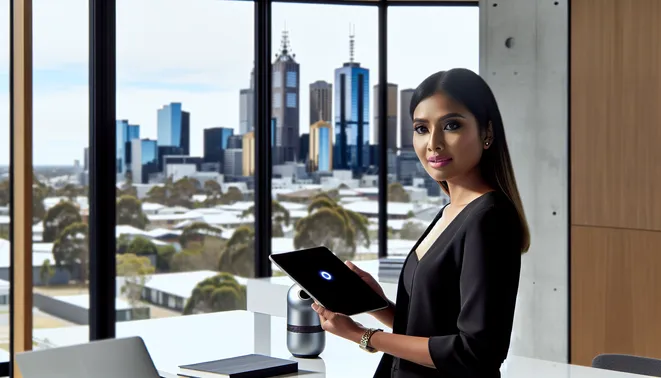 Melbourne realtor using AI voice assistant on tablet in sleek modern office with city skyline.