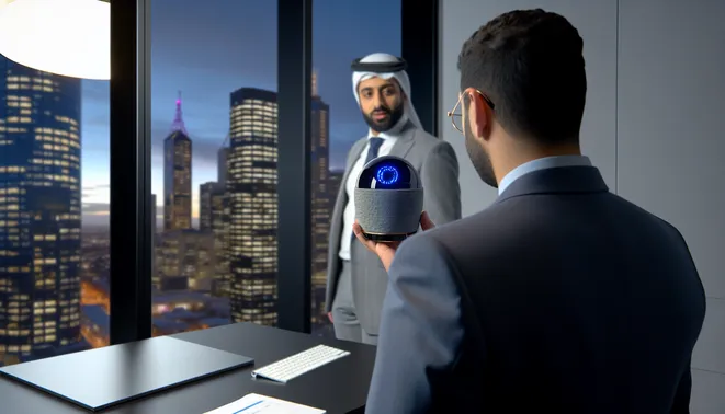 Real estate agent using AI voice assistant in sleek Melbourne office with skyline views.