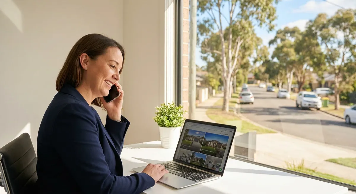 Australian property manager on phone at desk with laptop listings, real estate AI receptionist