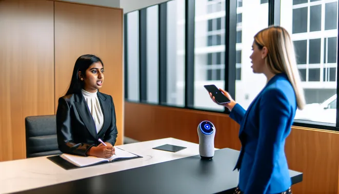 Real estate agent engaging with AI voice assistant in sleek Melbourne office setting