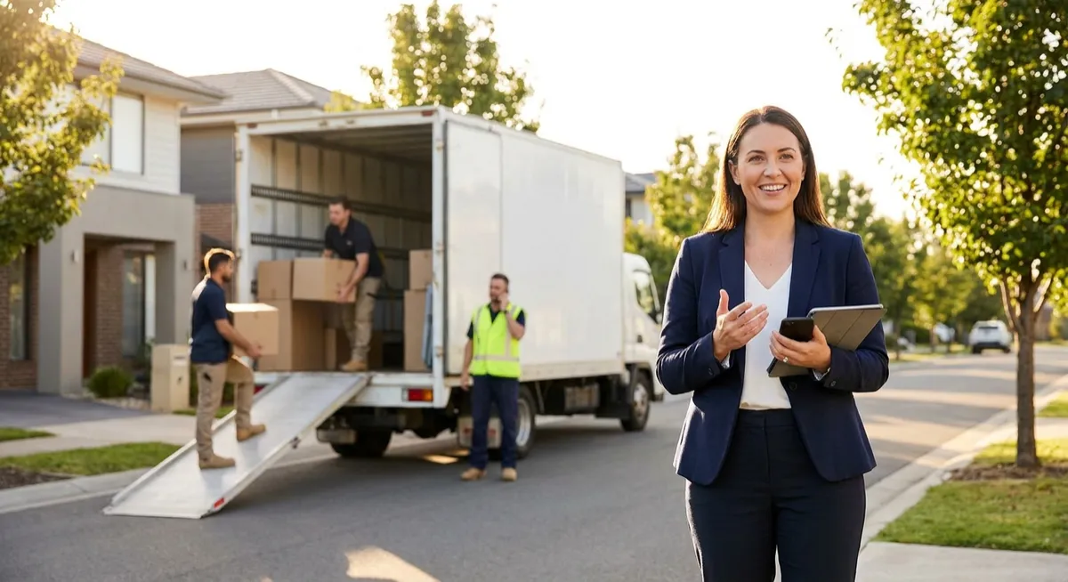 Property manager on Australian suburban street with tablet; removalists loading moving truck