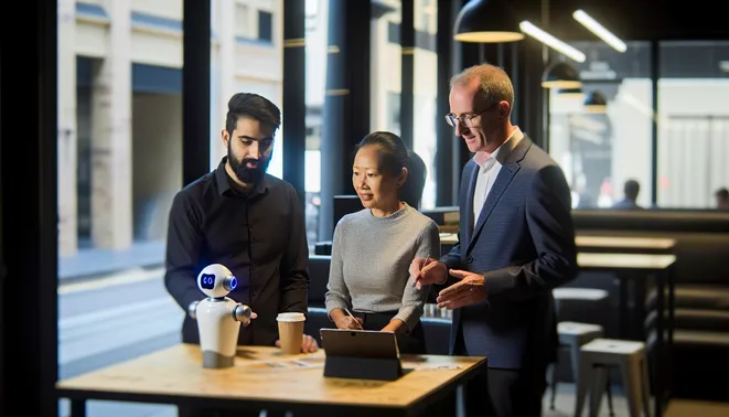 Diverse business team collaborating with AI tools in a modern Melbourne office space.
