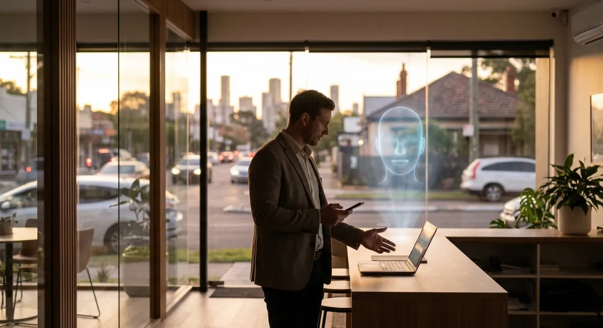 Property manager after-hours in Australian realty office with AI receptionist hologram capturing leads