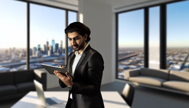 Real estate agent using AI-driven tablet in modern Melbourne office with city view.