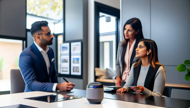 Real estate agent engaging clients with AI voice assistant in modern Melbourne office.