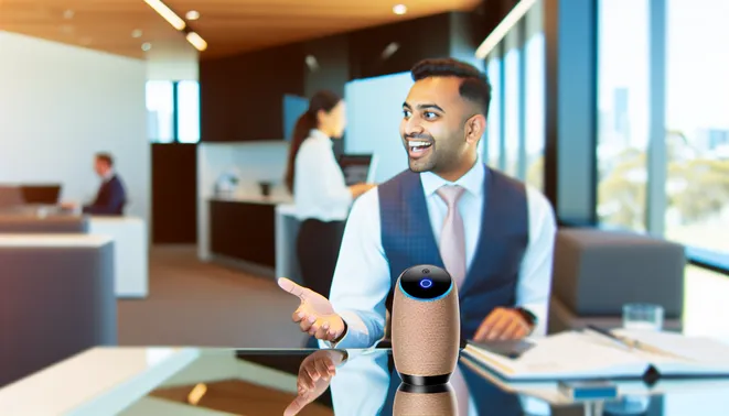 Melbourne real estate agent interacting with AI voice assistant in modern office setting.