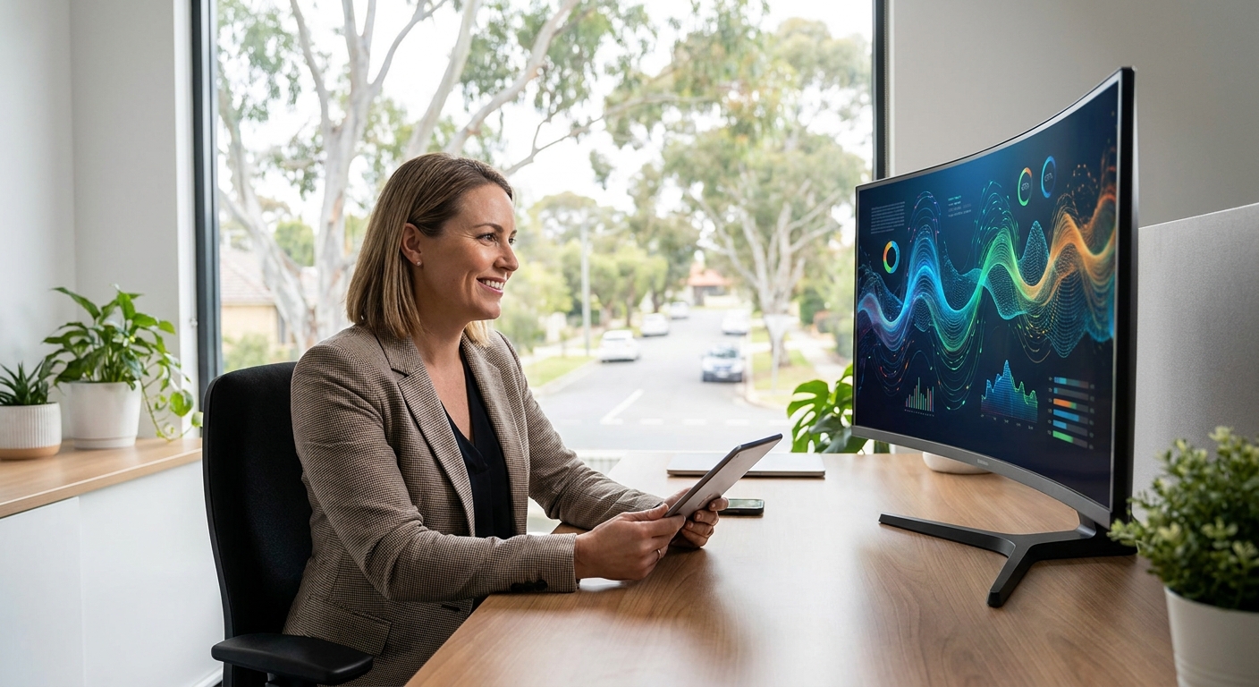 Australian real estate agent in bright office using tablet and phone, monitor with AI visuals