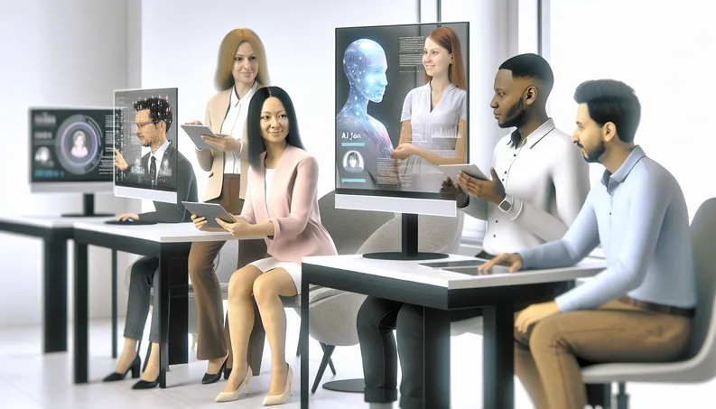 Diverse professionals in a modern office engaging with AI technology to boost customer relationships.