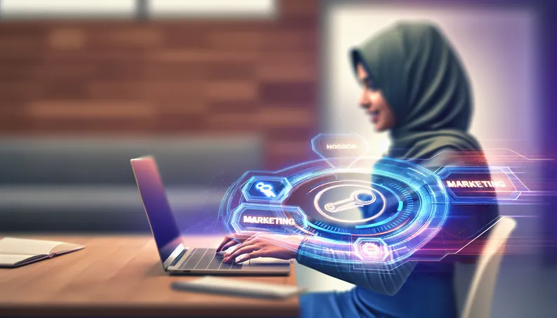 Diverse small business owner at a laptop, surrounded by holographic marketing tools in a modern office.