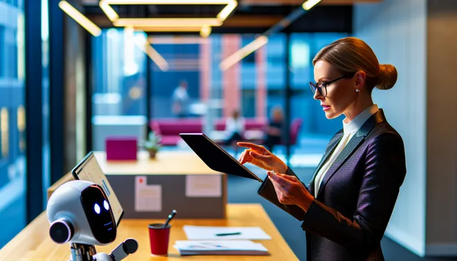 Businesswoman using AI assistant on tablet in modern Melbourne office overseeing CRM automation.