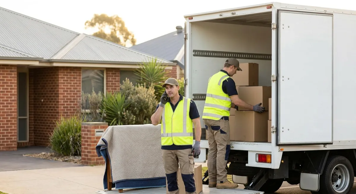 Australian removalists loading moving truck outside suburban home, mover on smartphone call
