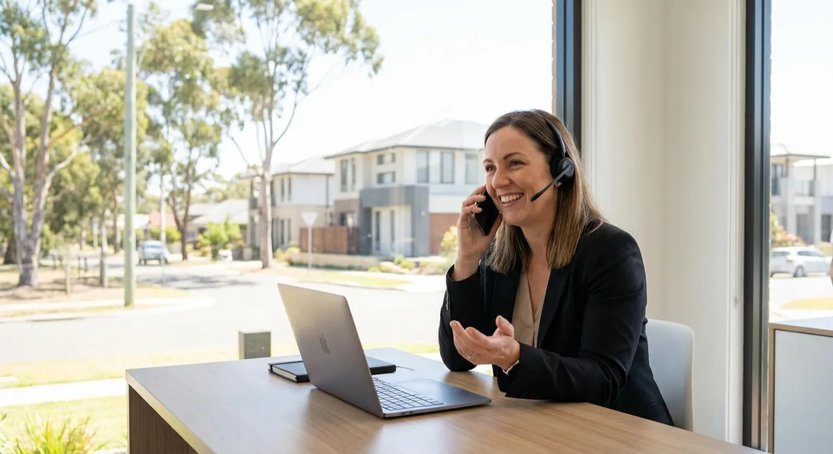 Australian property manager/receptionist with headset on phone and laptop in real-estate office