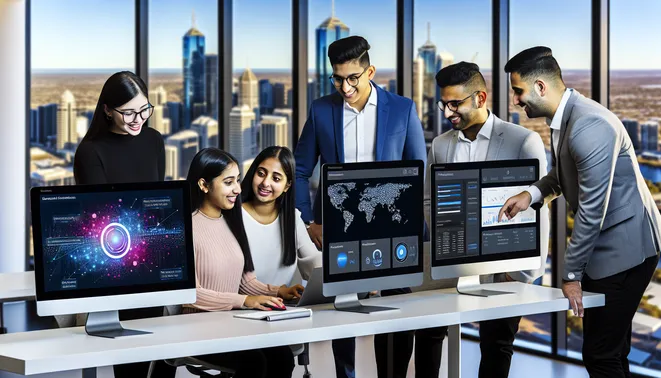 Diverse real estate team collaborating with AI tools in a modern Melbourne office setting.