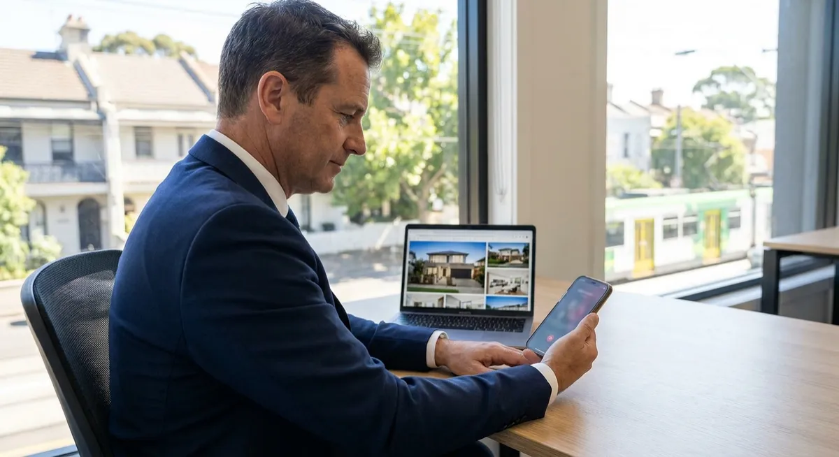 Australian real estate agent at desk, smartphone with missed-call icon, laptop listings, sunny view