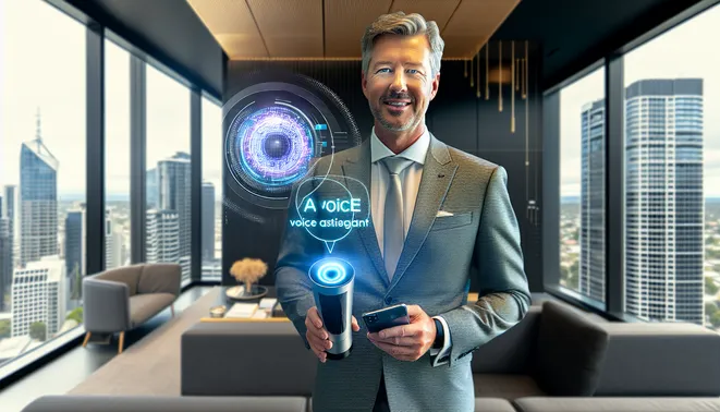 Melbourne real estate agent using AI voice assistant in sleek, modern office space