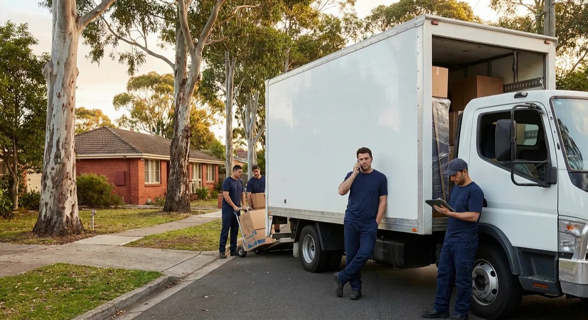 Removalists loading furniture and boxes into a moving truck on an Australian suburban street