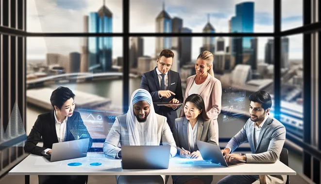 Diverse Melbourne team collaborating using advanced AI tools in modern office setting.